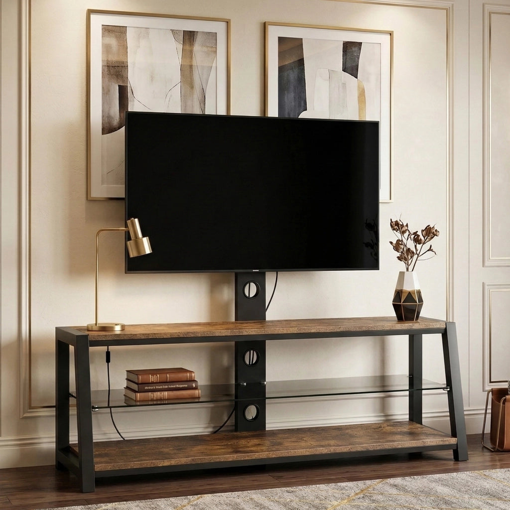 Mobile TV in Legno con Vetro Nero e Staffa a Parete ¨C MINIMAL ¨C Marrone 116x42x125 cm