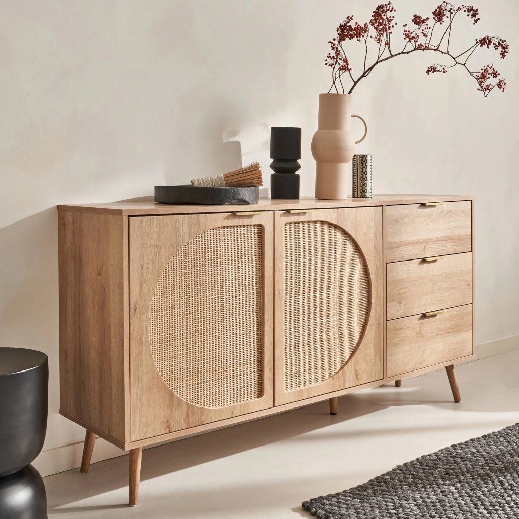 Credenza in legno e canna a 2 ante e 3 cassetti, 150cm, marrone