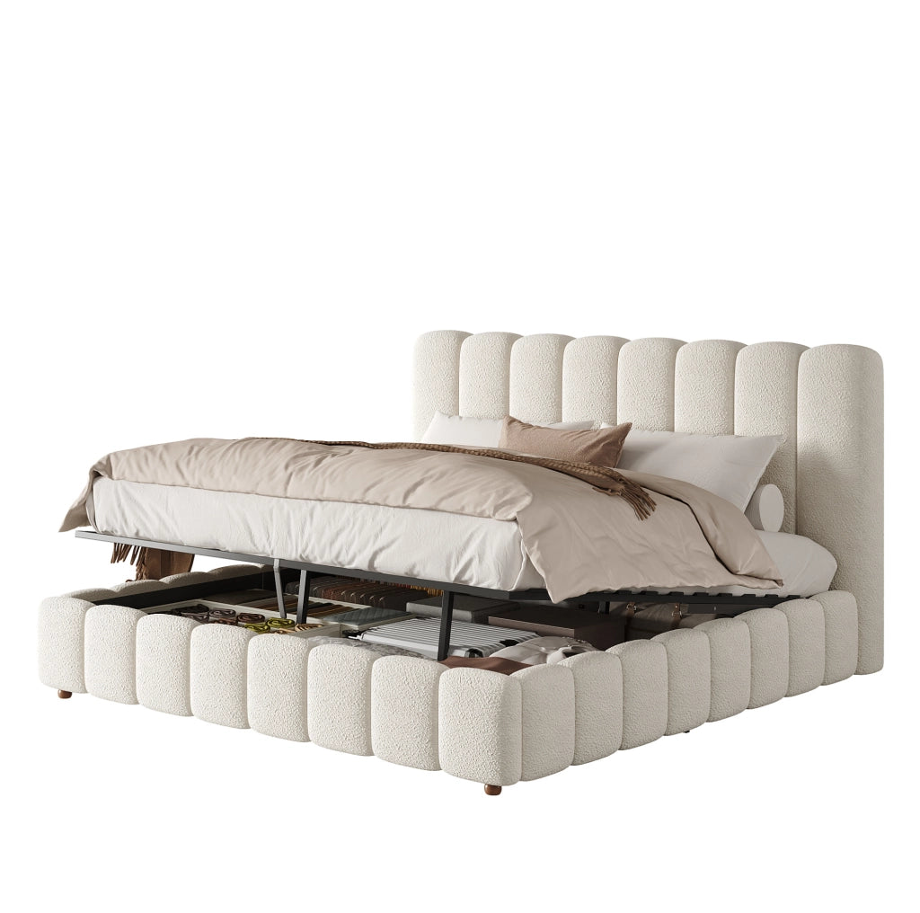 Letto matrimoniale imbottito con contenitore idraulico; rivestimento in bouclé bianco