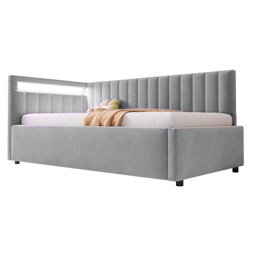 Letto Imbottito Contenitore con LED ¨C MINIMAL ¨C Velluto Grigio Chiaro, Testiera, Doghe, Idraulico, 90x200