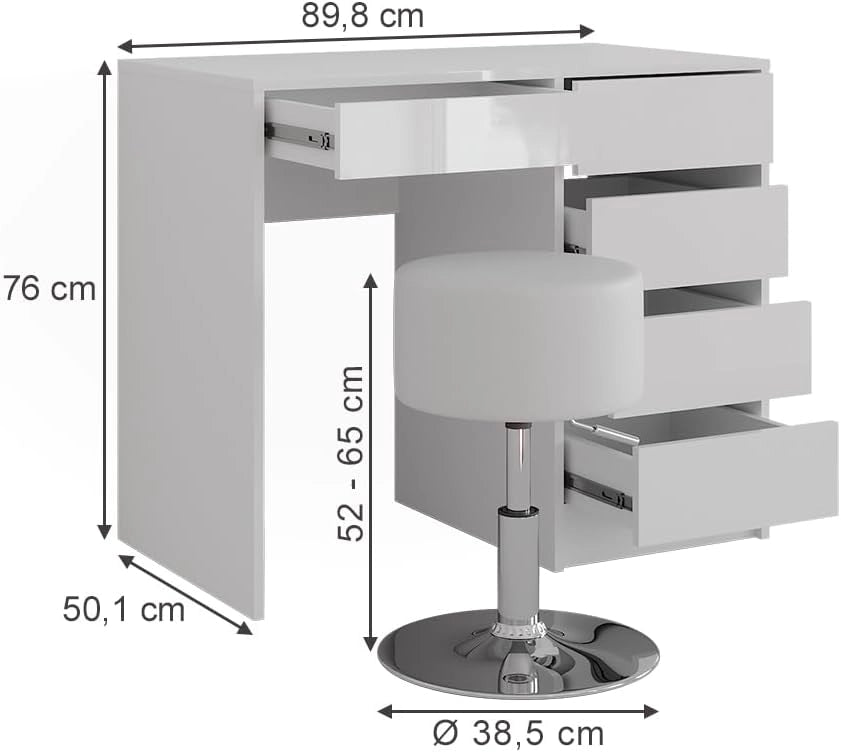 Tavolo da toeletta Sherry, Bianco/bianco lucido, 89.8 cm con sgabello