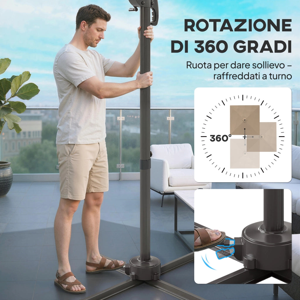 Ombrellone da Giardino 286x286x251 cm Decentrato con Base a Croce e Copertura in Alluminio Cachi