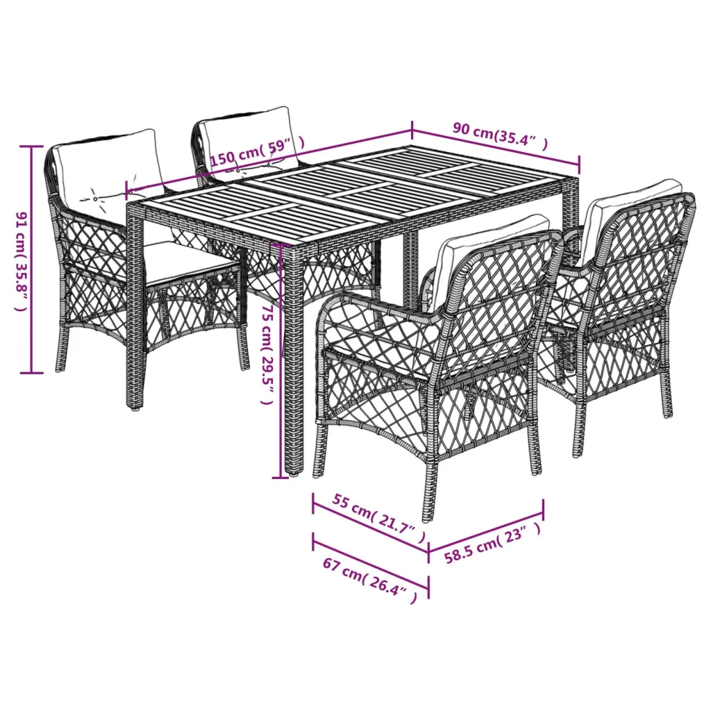 Set da Pranzo da Giardino 5 pz Nero con Cuscini in Polyrattan 3212038
