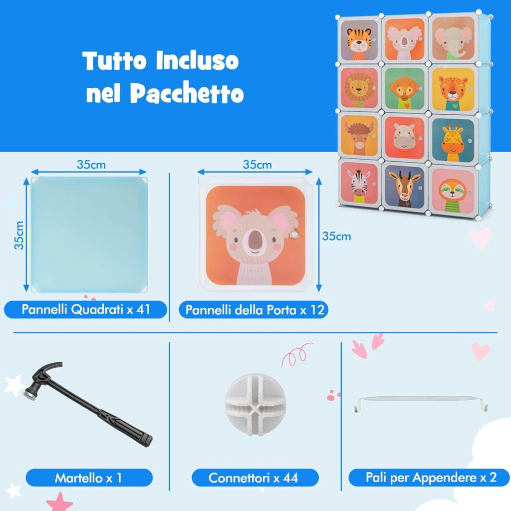 Guardaroba Portatile per Bambini, Armadio Portatile con 12 Cubi, Organizzatore Modulari per Camera dei Bambini Soggiorno, 109 x 35 x 145 cm (Blu)