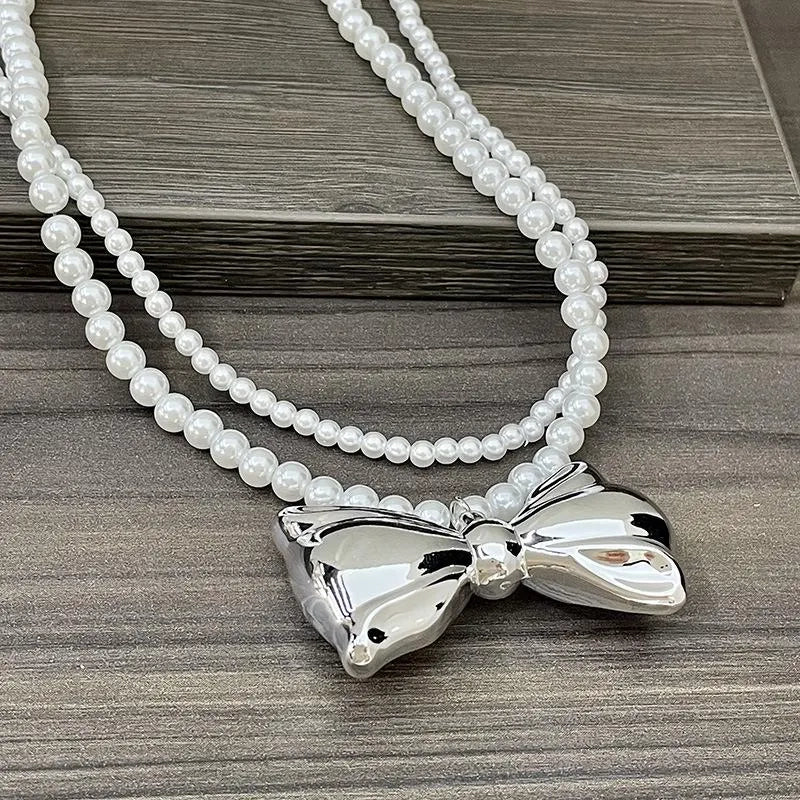 Collana doppia fatta a mano con fiocco in argento e perle, regalo di Natale per donna, regalo di compleanno