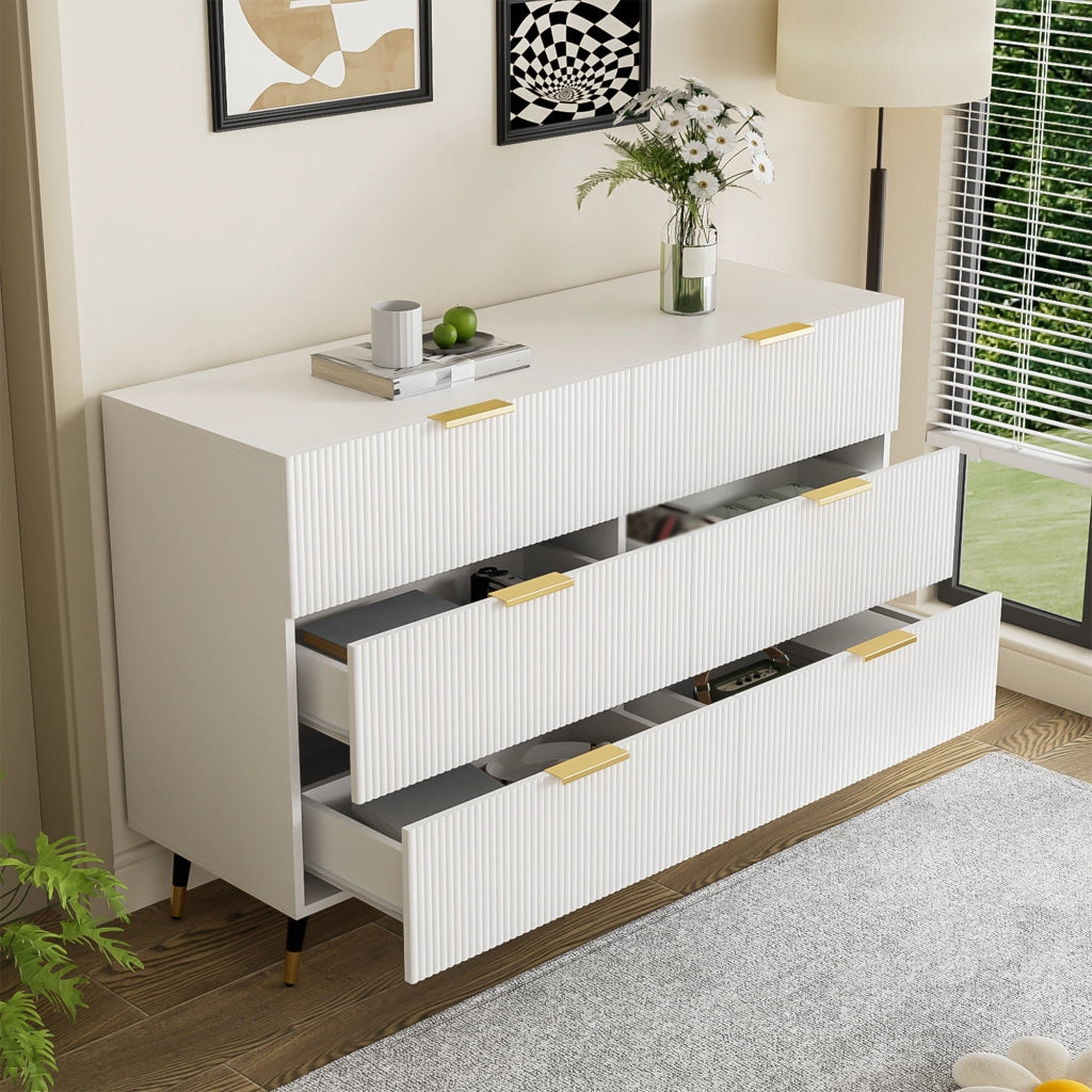 Credenza moderna 120x40x77 cm con 6 cassetti; bianca con dettagli dorati