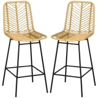 Set di 2 Sgabelli da Bar, Design Bohémien, Altezza 66 cm, con Poggiapiedi, in Metallo e PE, Naturale