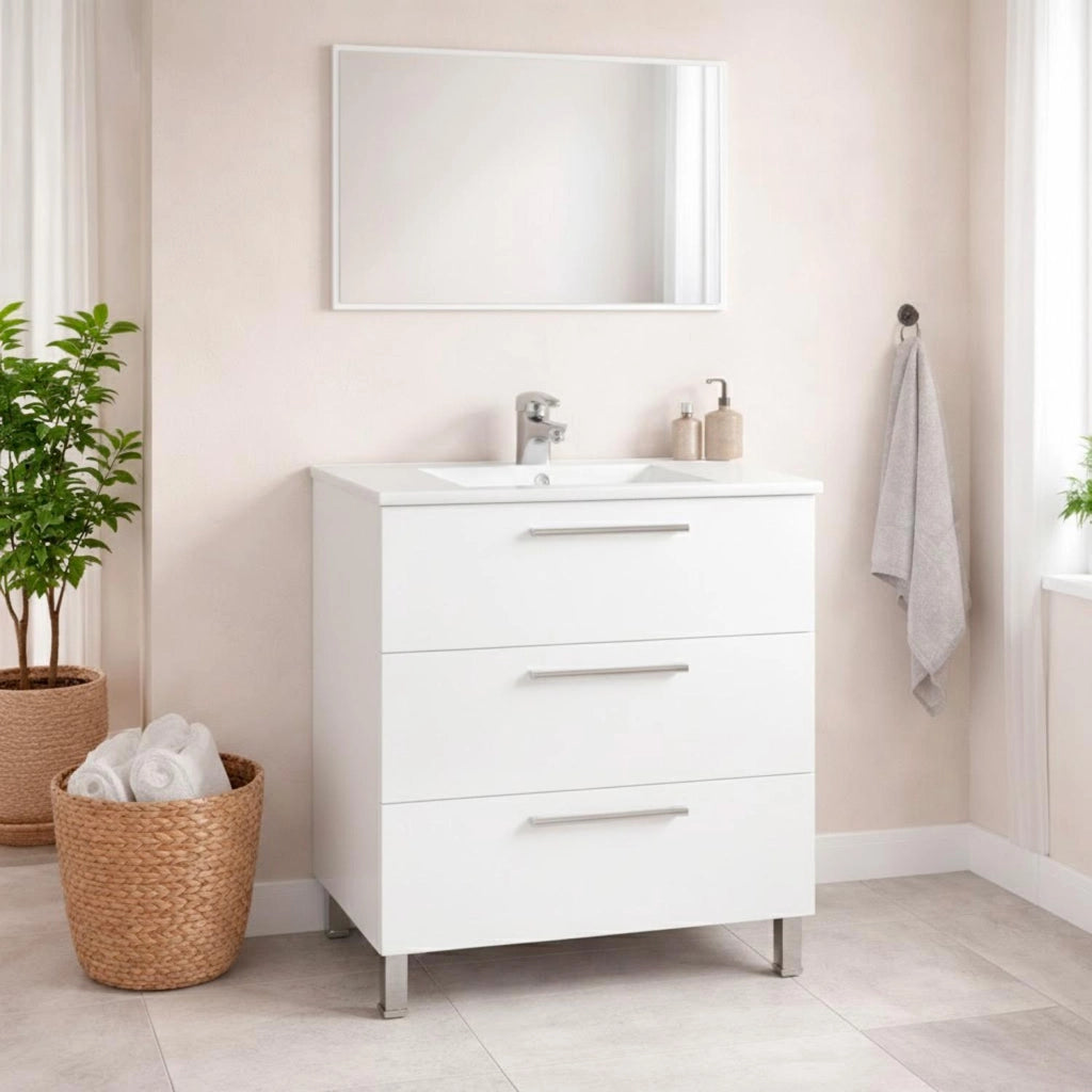 Mobile Bagno A Terra Con 3 Cassetti Lavabo In Ceramica E Specchio 77 X 50 Cm Inclusi Design Moderno Salvaspazio Elegante E Funzionale 80 X 45 X 86 Cm Colore Bianco