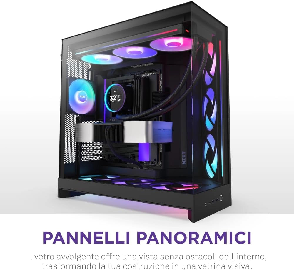 H9 Flow RGB+ (2025) – Grande Case PC ATX Mid-Tower a Doppia Camera per Flusso d'Aria – Include 7 ventole RGB (6 x 140mm, 1 x 120mm) e hub di controllo – Nero