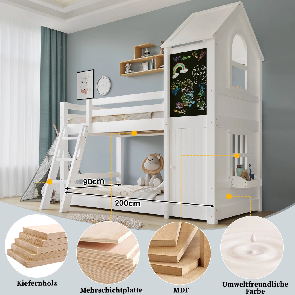 Lit a castello per bambini 90 × 200 cm 2 posti con porta, lavagna, finestre, tetto e scala inclinata, senza materasso, bianco