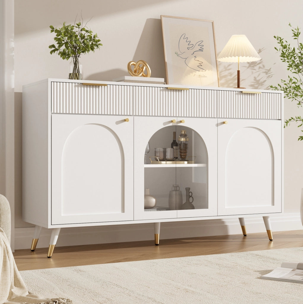 Credenza 4 ante e 3 cassetti con inserti in acrilico; bianca; 140x40x85;5 cm