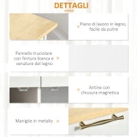 Carrello da Cucina Multiuso con 4 Ruote, in Legno Bianco, 67x48x86.5cm