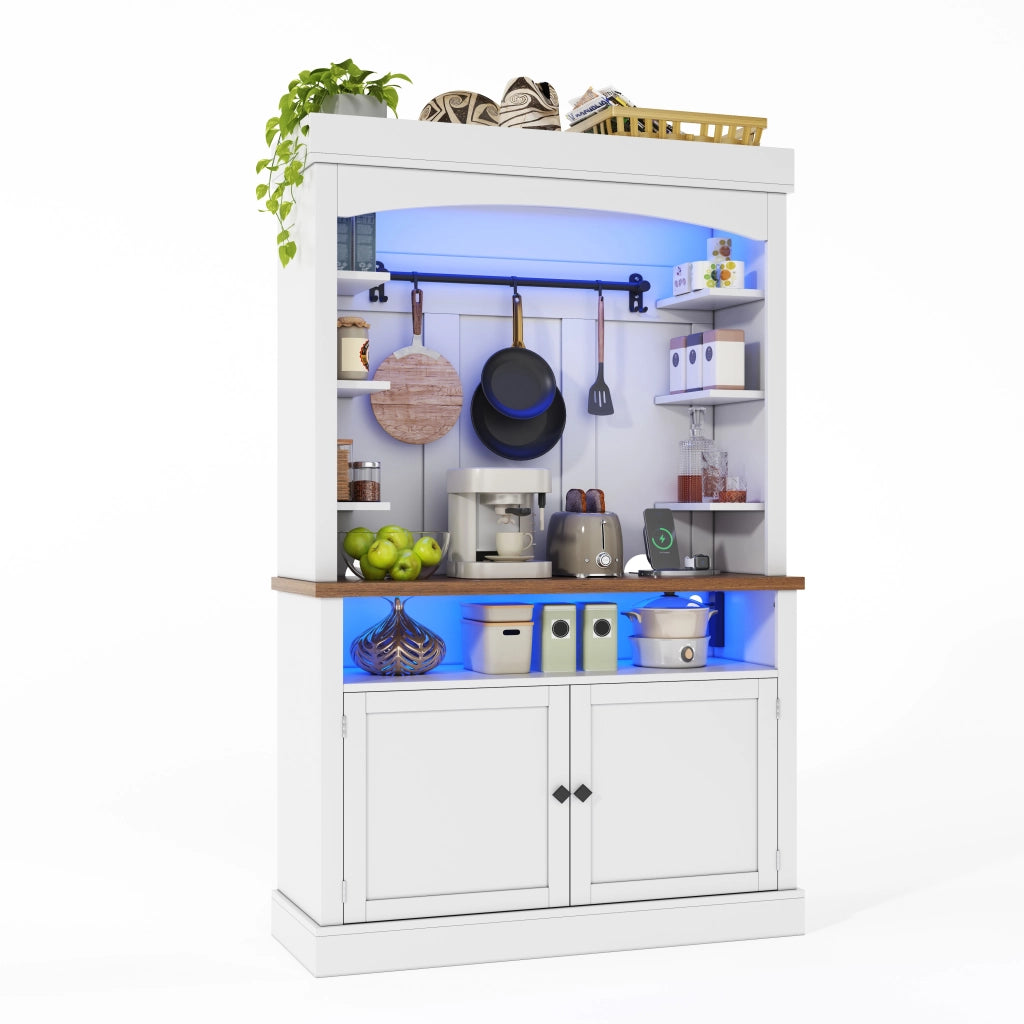 Credenza alta ad arco con illuminazione LED RGB, prese integrate e vani portaoggetti, 106 x 43 x 183 cm, bianca