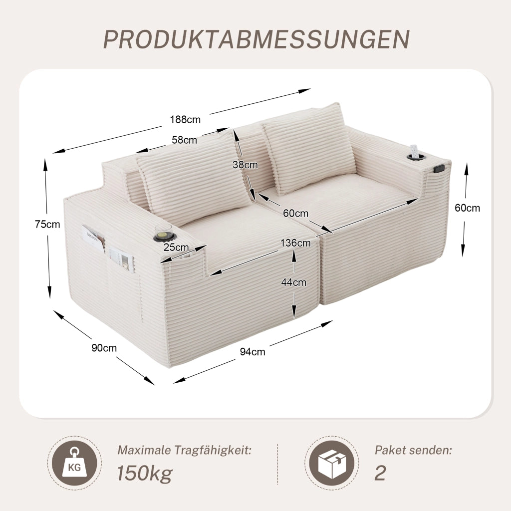 Divano modulare a 2 posti con porta bicchieri, tasche laterali e cuscini lombari in tessuto a coste beige 188 × 90 × 75 cm