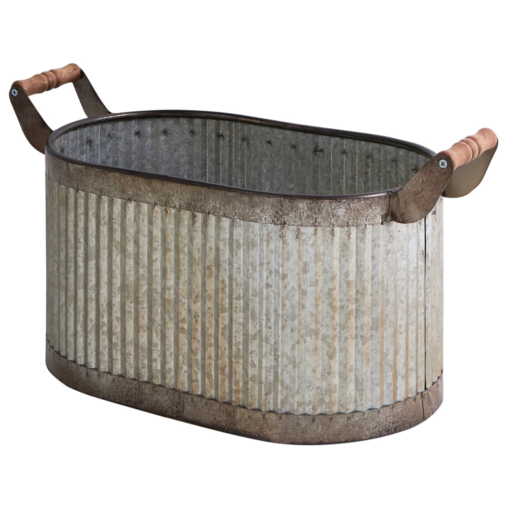 Set di 2 vasi per piante Grigio Effetto Distressed Ferro Manici in legno per interni e per esterni con plastica Stile Industriale