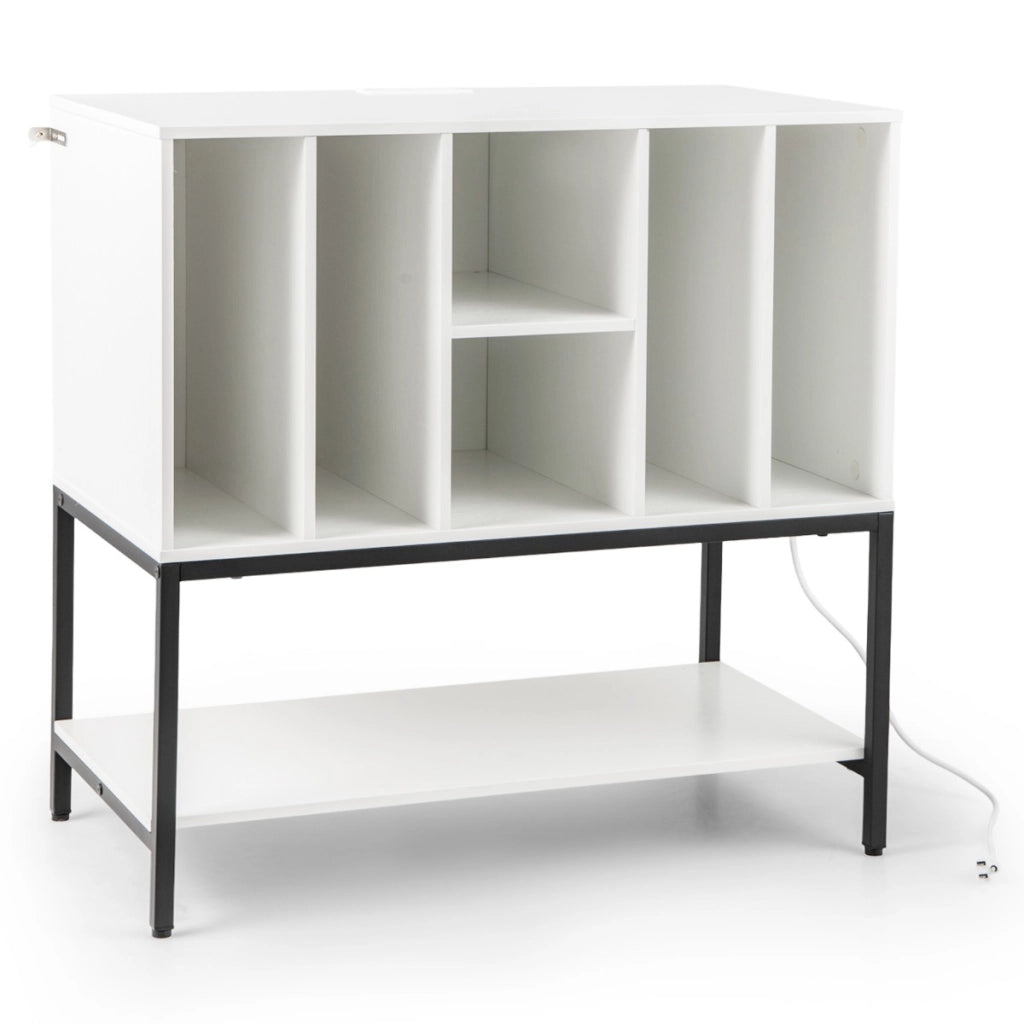 Armadio con spazio per album tavolino porta-vinili con scaffali per soggiorno-Supporto per giradischi con stazione di ricarica Bianco