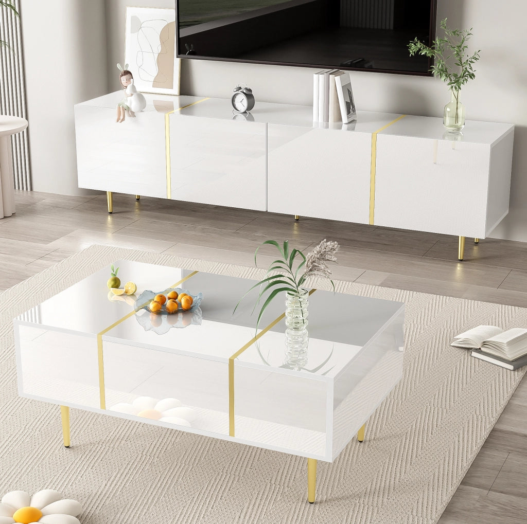 Set mobile TV e tavolino da salotto bianco lucido con dettagli oro