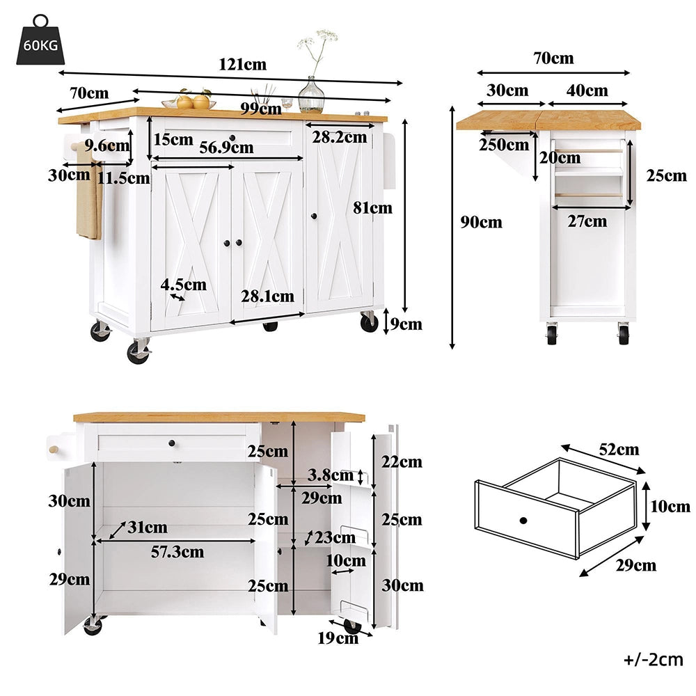 Isola cucina scorrevole - Xylo - 99x70x90cm 3 ante 1 cassetto