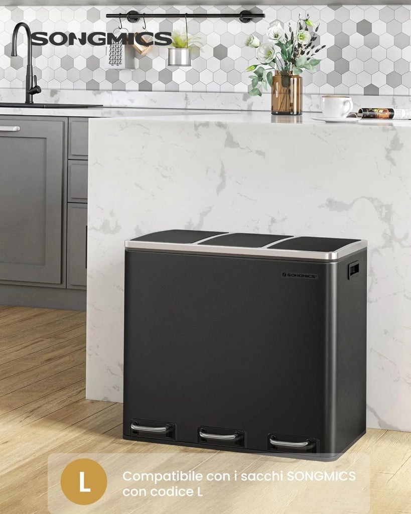 SONGMICS Cestino da Cucina, Pattumiera per Raccolta Differenziata 3 x 18L, 3 Scomparti per Riciclaggio, Coperchi a Chiusura Morbida, Pedali, Acciaio, Nero Inchiostro LTB54BK