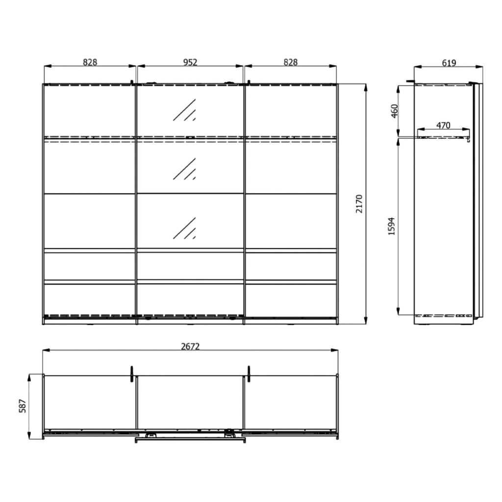 Armadio Camera da Letto Sapa, Guardaroba 3 Ante 3 Ripiani, 267x62 cm Bianco Crema