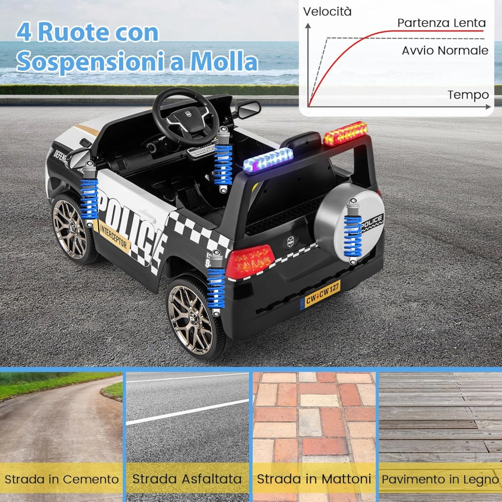 Auto della Polizia per Bambini, Macchina Elettrica 12V con Telecomando Connessione Wireless Musica Clacson Sirena e Luci LED, per Bambini 3-8 Anni