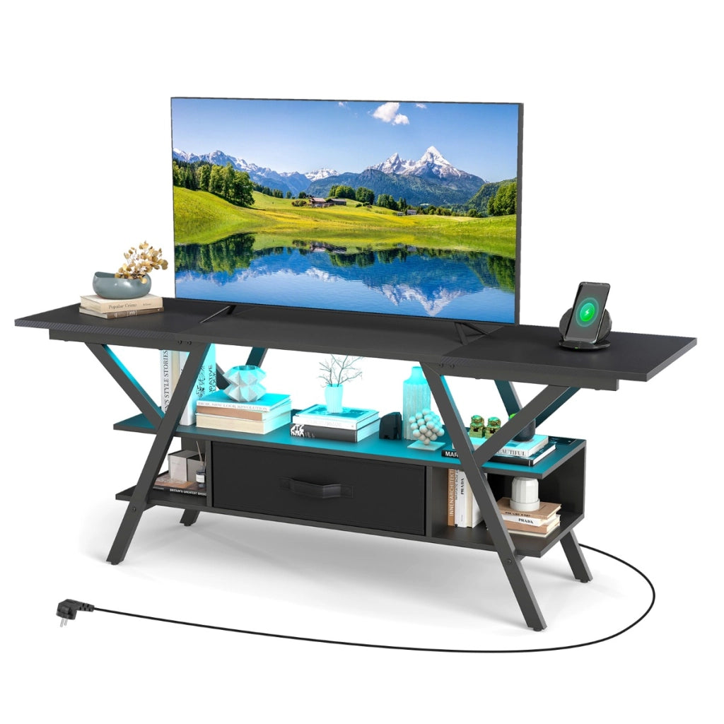 Mobile porta TV centro di intrattenimento a 3 livelli con luci LED e prese di corrente-Mobile porta TV per televisori da 65" Nero