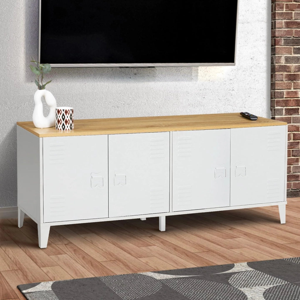 Credenza bassa ESTER 140 cm con 4 ante in metallo bianco e piano in legno dal design industriale