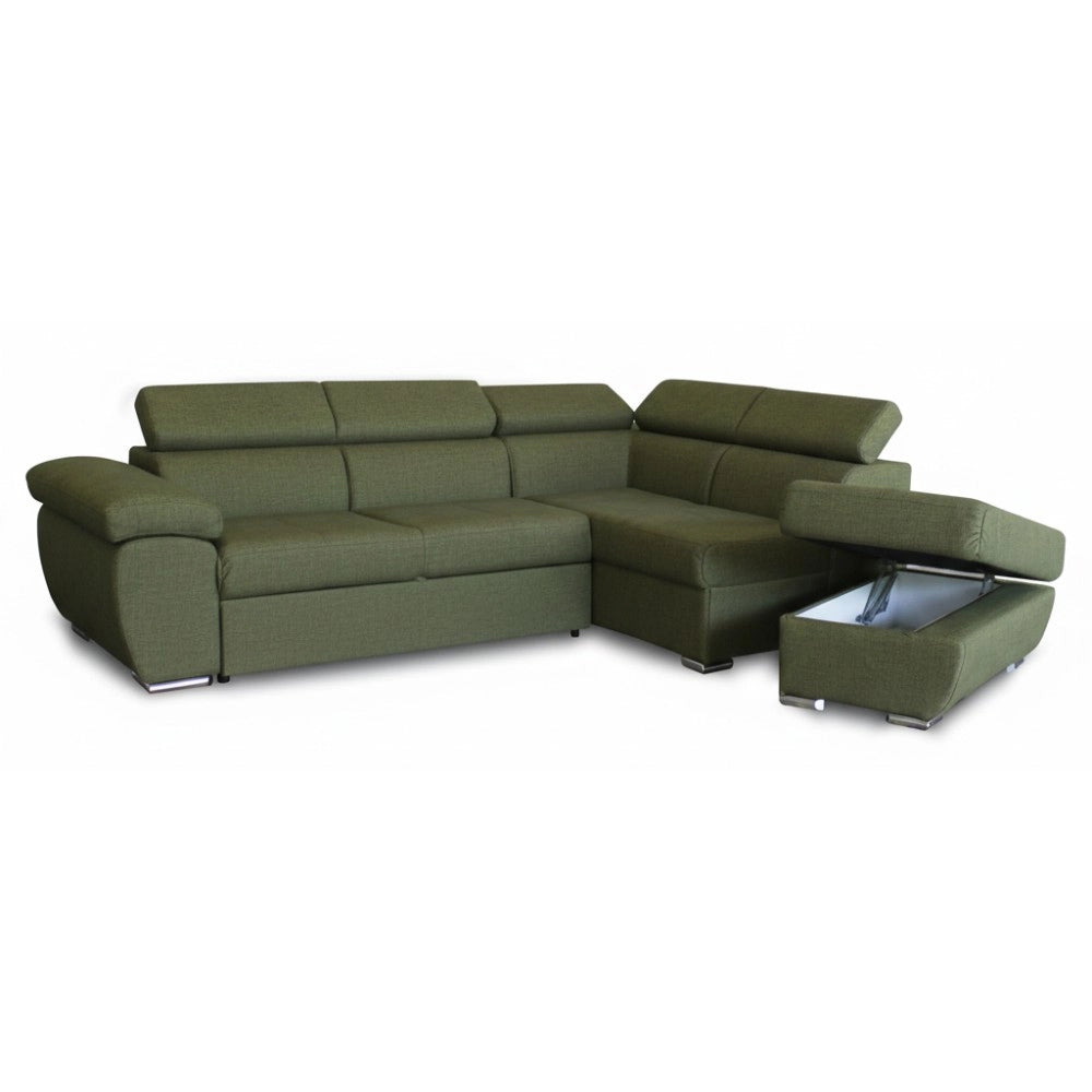 Divano Letto Angolare Fiona con Penisola Destra e Pouf Contenitore – Verde Oliva