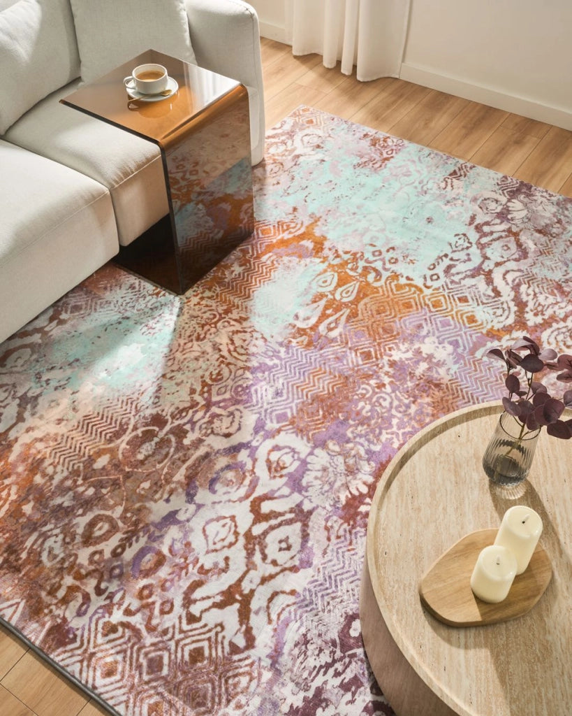 Tappeto multicolore in poliestere, 160 x 230 cm, tessuto a trama piatta, stile orientale boho, con vivaci motivi stampati
