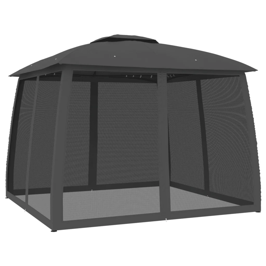 Gazebo | Pergolato Tetto Doppio e Pareti Rete Antracite 2,93x2,93 m Acciaio