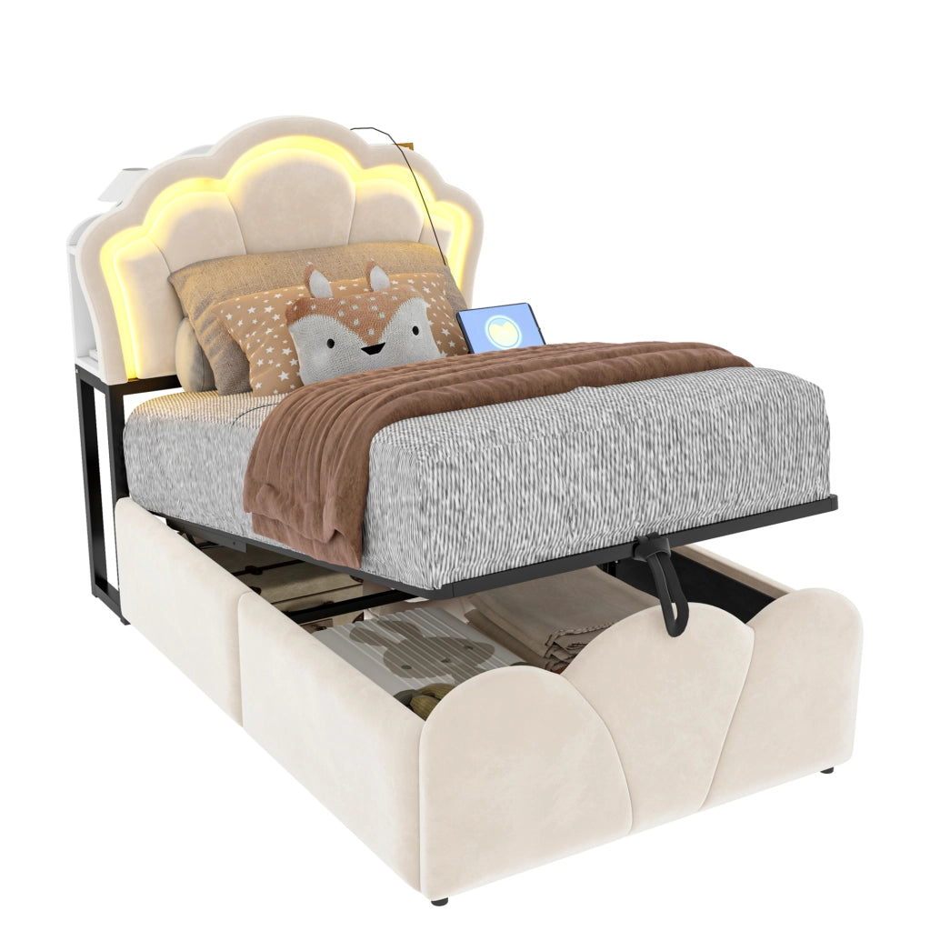 Letto imbottito 90x200 cm in velluto beige con contenitore idraulico; LED e prese integrate
