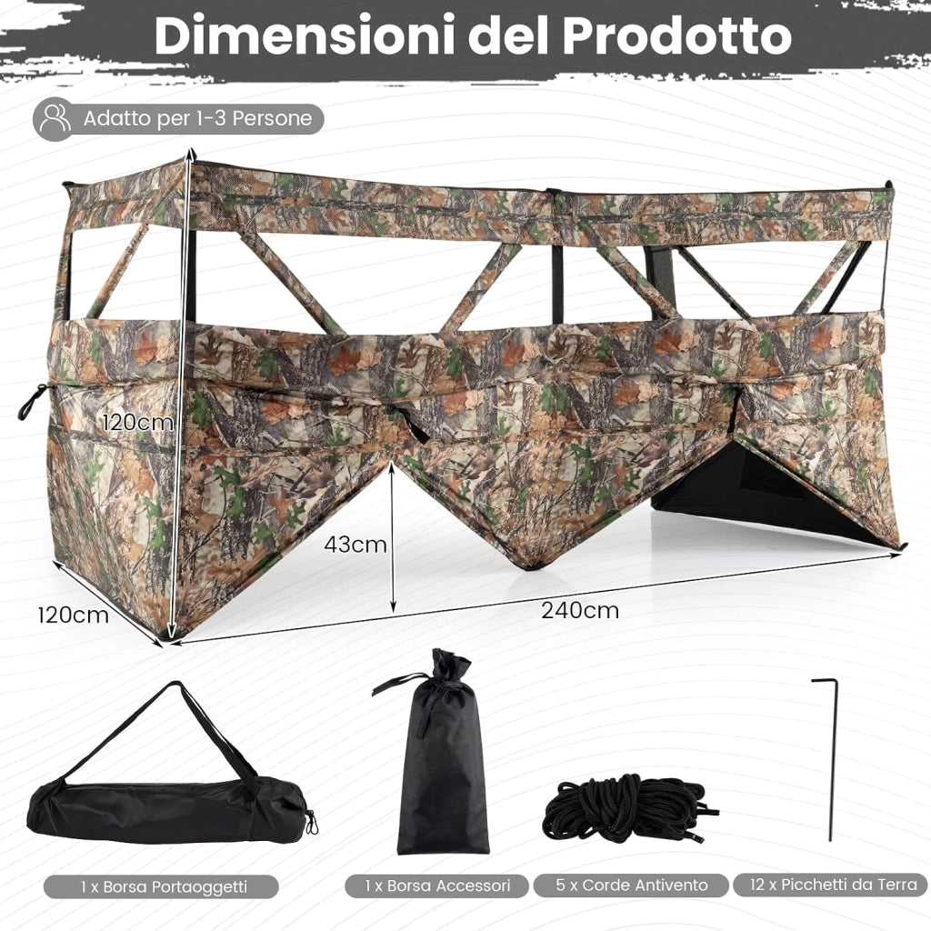 Barriera di Caccia Mimetico a 3 Lati Portatile 360°, Nascondiglio Pop-up 1-3 Persone con Porta per Cani, Tessuto Oxford con Borsa Trasporto, per Fotografia Naturale e Caccia