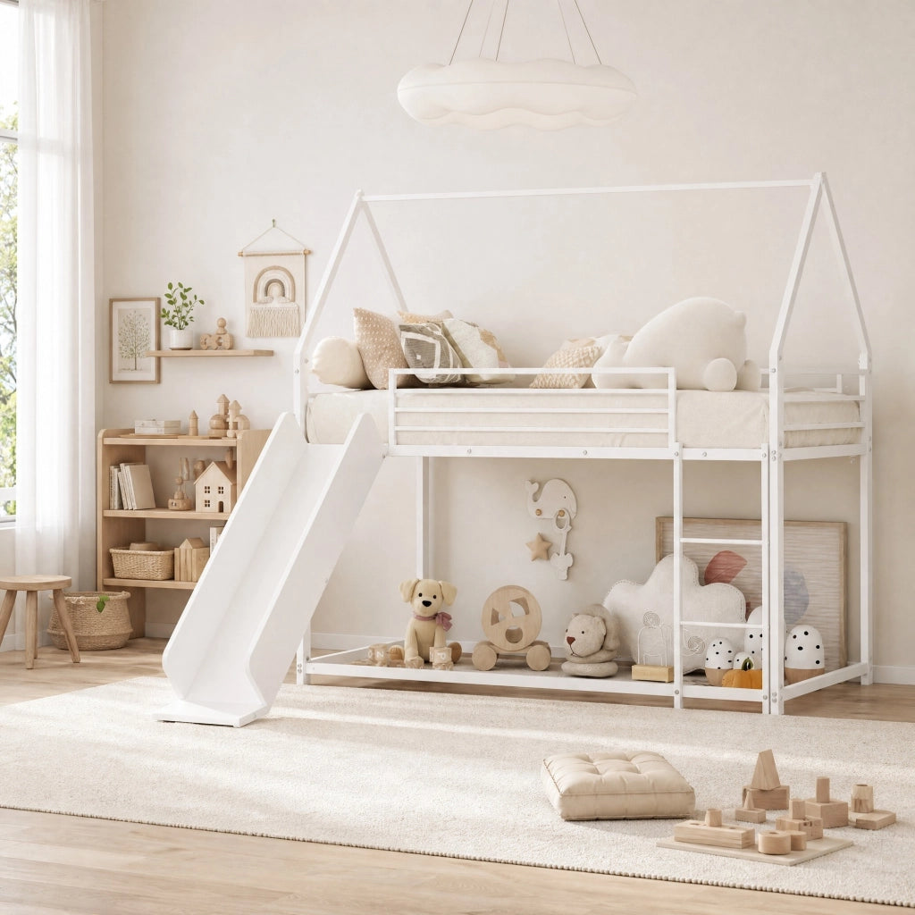Letto a castello per bambini in metallo bianco con scivolo