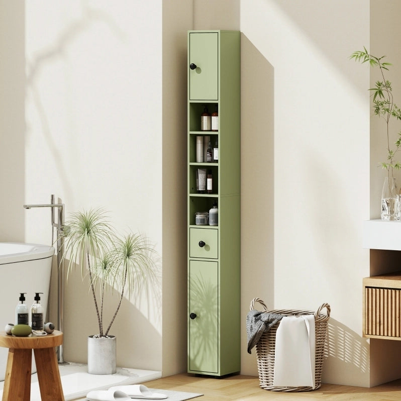 Mobile bagno stretto con cassetto e quattro ripiani, verde, ideale per ottimizzare spazi ridotti
