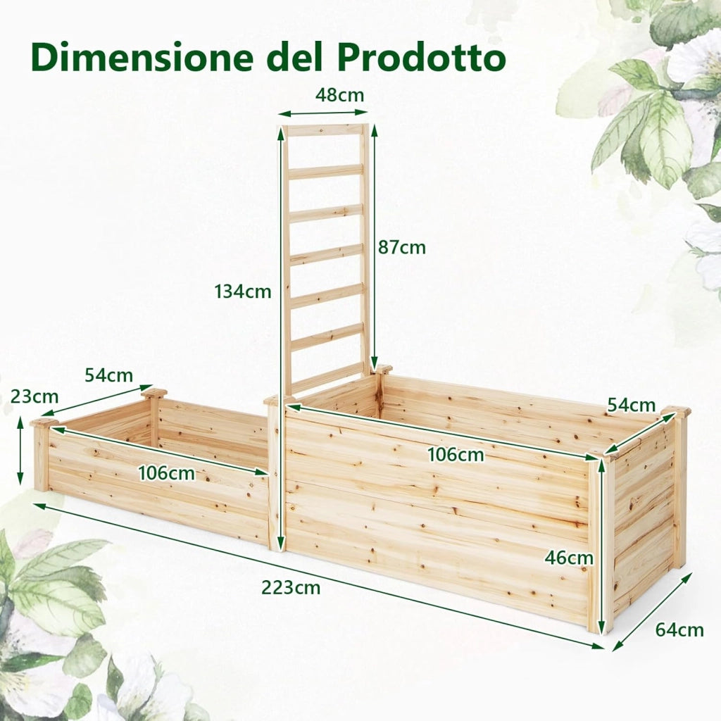 Fioriera Rialzata con Graticcio, Letto da Giardino di Legno a 2 livelli con Fondo Aperto per Verdure, Fiori, Erbe e Frutta, Aiuola Rettangolare per Terrazzo, Giardino e Orto