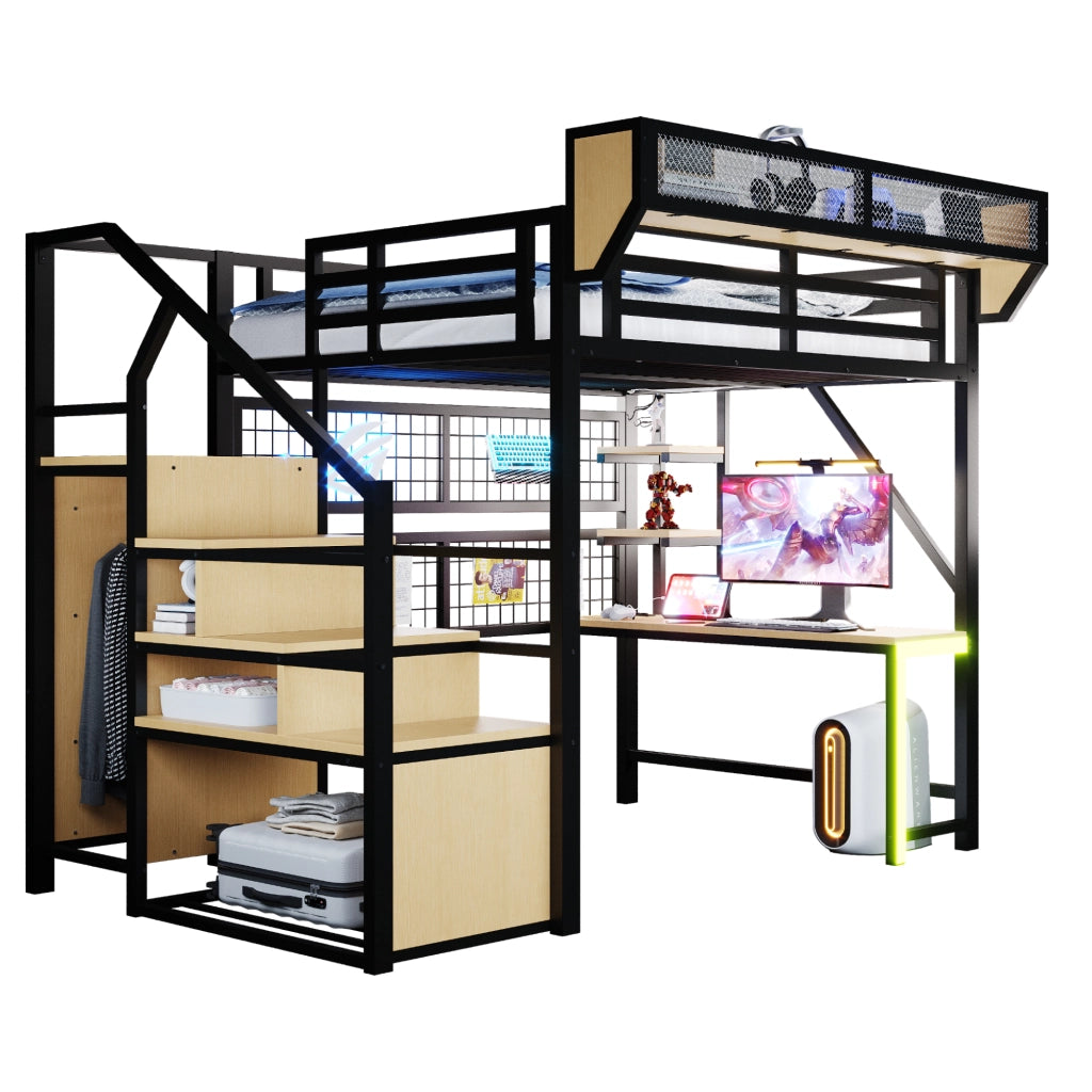 Letto a soppalco 140 × 200 cm con scrivania, ripiani, led e prese, senza materasso, metallo, nero