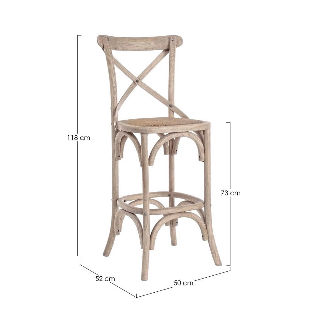 Sgabello da bar in legno di olmo con seduta in rattan naturale - CROSS