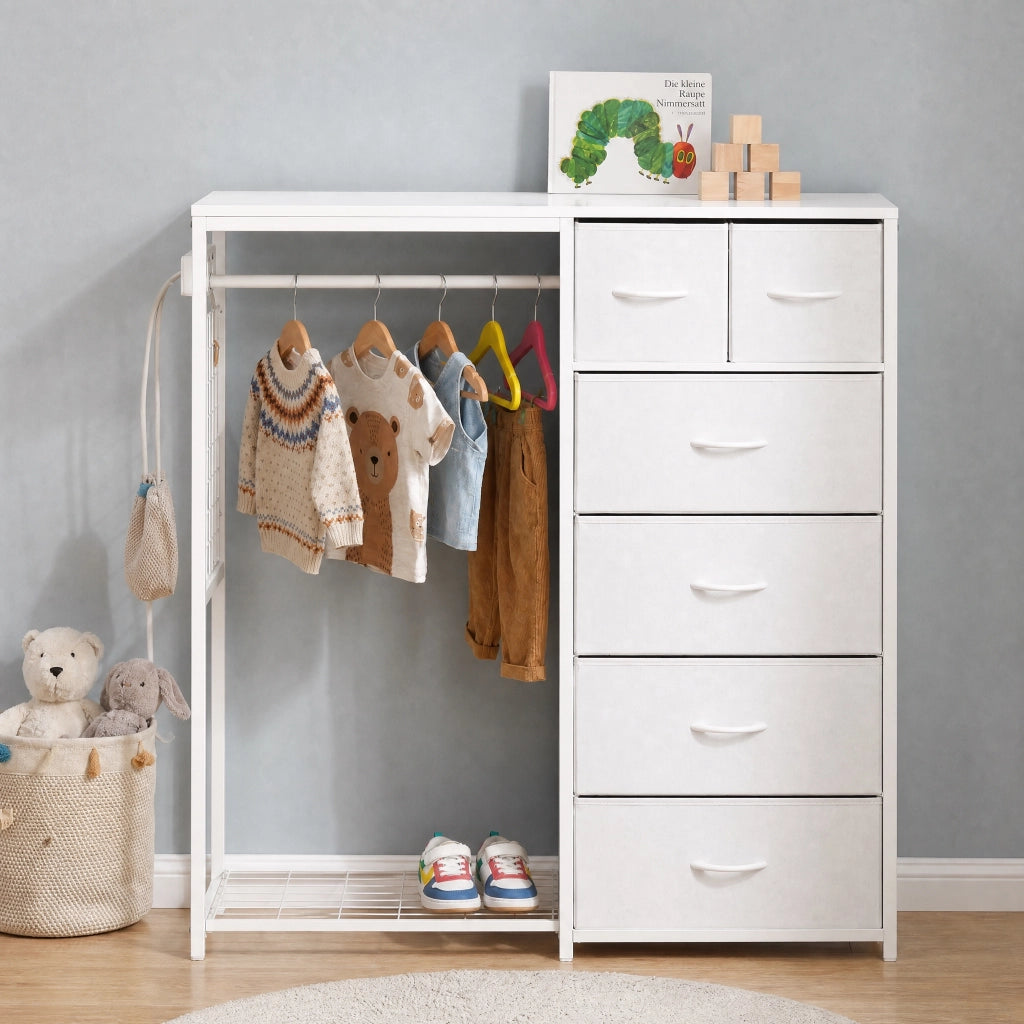 ARMADIO per bambini con 6 cassetti, asta appendiabiti e presa elettrica, bianco