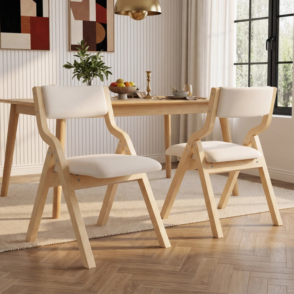 2 sedie da pranzo pieghevoli in legno massello, lino beige, imbottite, salvaspazio, già montate