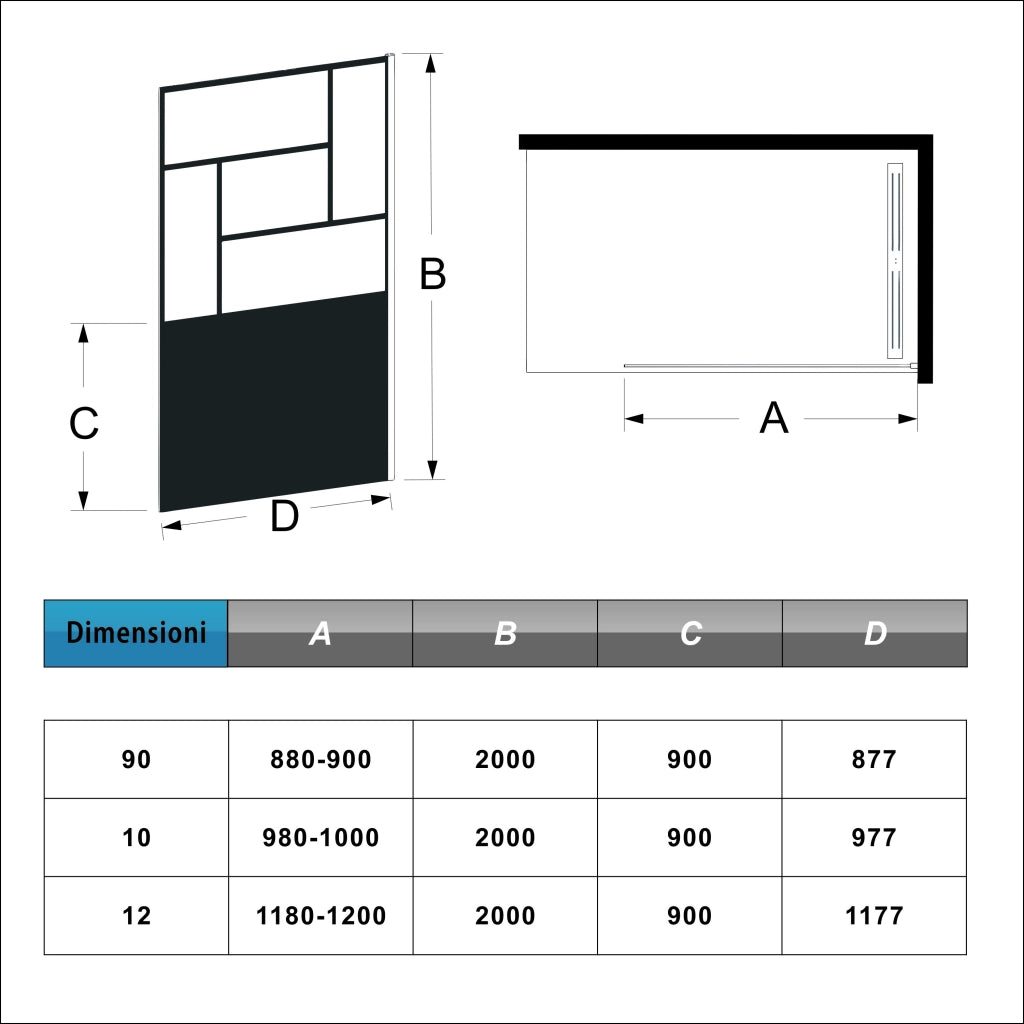 Doccia Walk In Parete Fissa Vetro Temperato 8 mm Anticalcare 120x200cm Semitrasparente Riquadri Nero Serigrafato