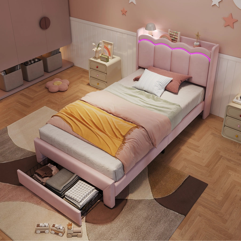 Letto imbottito per bambini 90x200 cm con cassetto e LED; velluto rosa