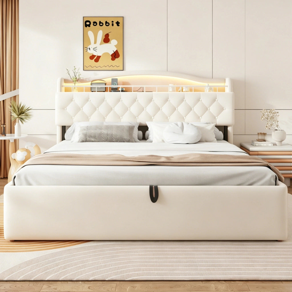 Letto imbottito 180x200 cm con contenitore idraulico; USB e USB-C; tessuto e metallo beige