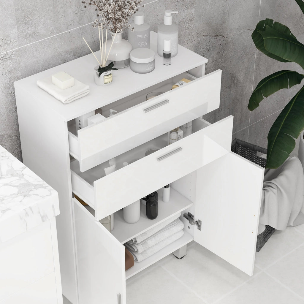 Mobile Bagno 60x30x93 cm con 2 Cassetti e Armadietto Rivestimento in Melamina Bianco