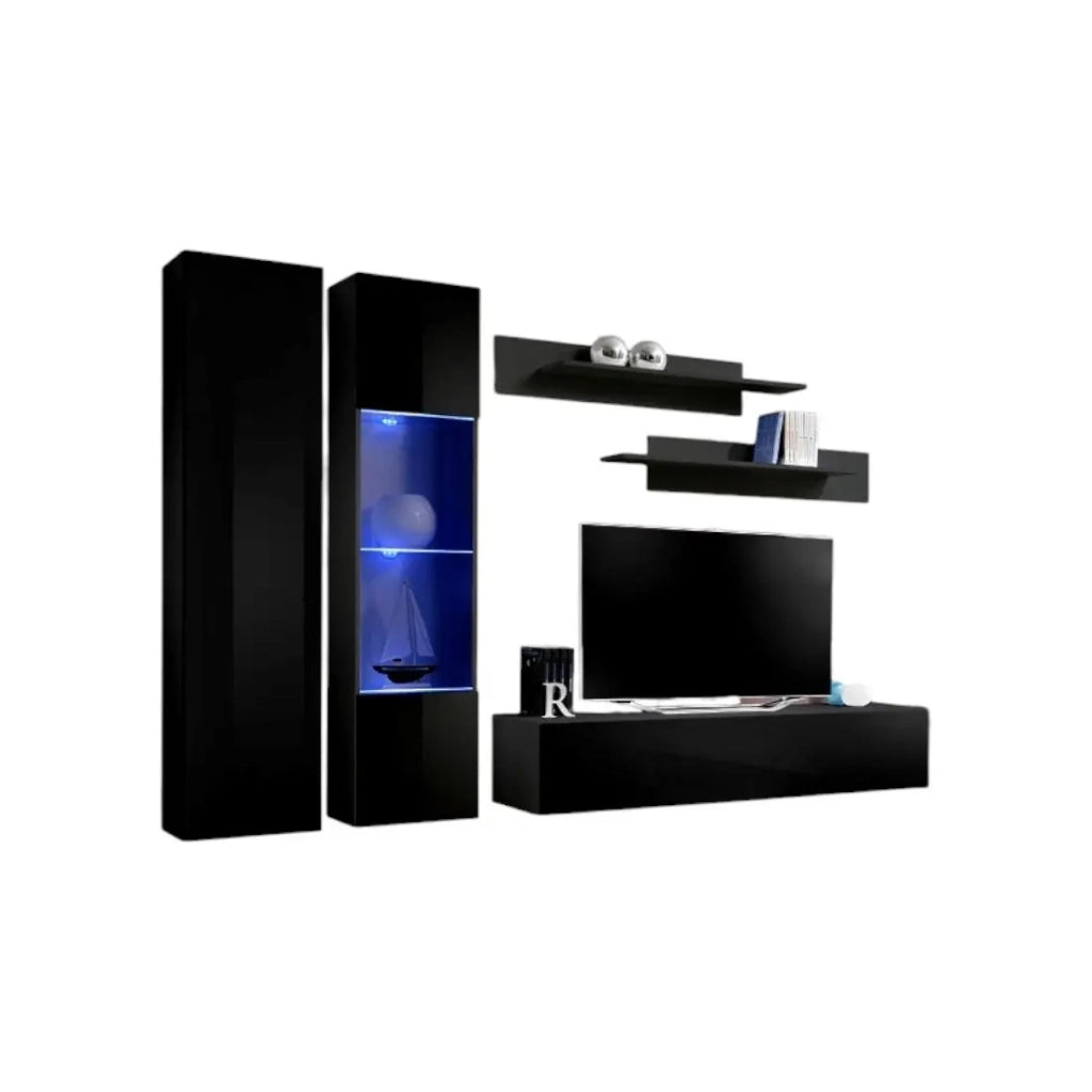 Mobile TV FLY A5 design, colore nero lucido + LED. Mobile sospeso moderno e alla moda per il tuo soggiorno.