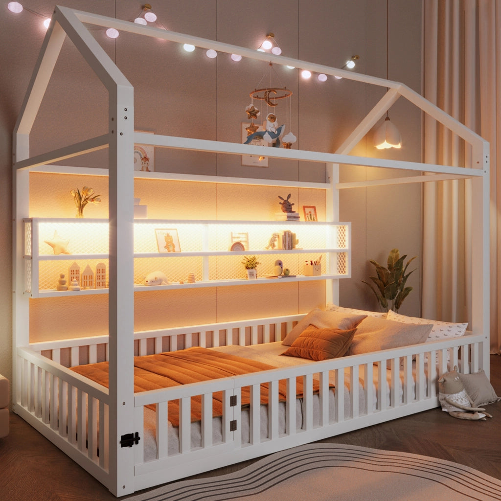 Letto singolo a piattaforma 90x200 cm a forma di casa con barriera e LED bianco
