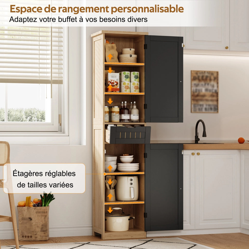 Credenza da cucina 170x40x30 cm in MDF naturale e nero; con 4 ripiani regolabili