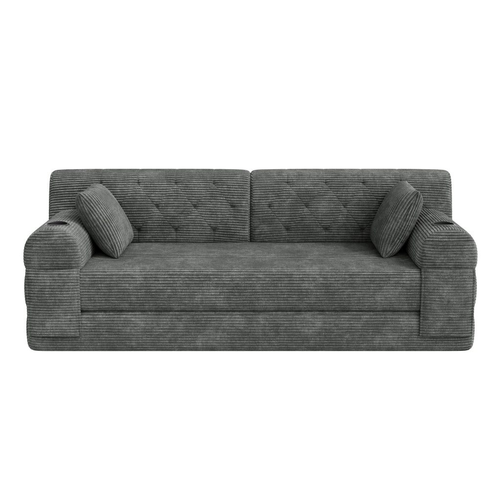 Divano letto a 3 posti con schienale alto, 4 tasche e 2 portabicchieri in tessuto effetto corda grigio scuro