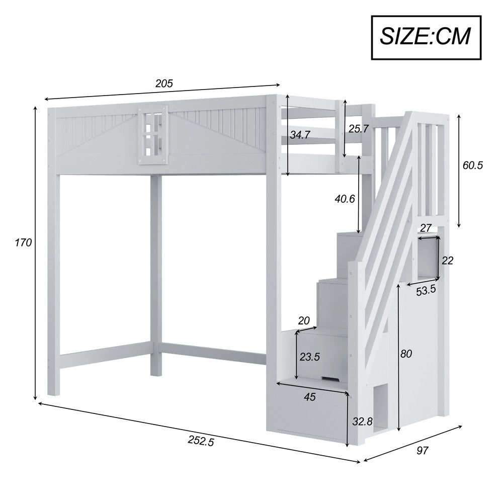 Letto a Soppalco in Legno Massello ¨C MINIMAL ¨C Grigio, 90x200, con Scala e Porta