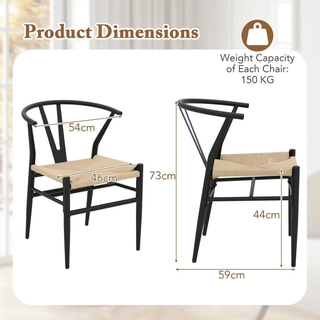Set di 2 sedie da pranzo impilabili, da cucina, da soggiorno, con schienale e ampia seduta in rattan, portata 150 kg, con gambe in metallo, set di sedie 54 x 59 x 73 cm