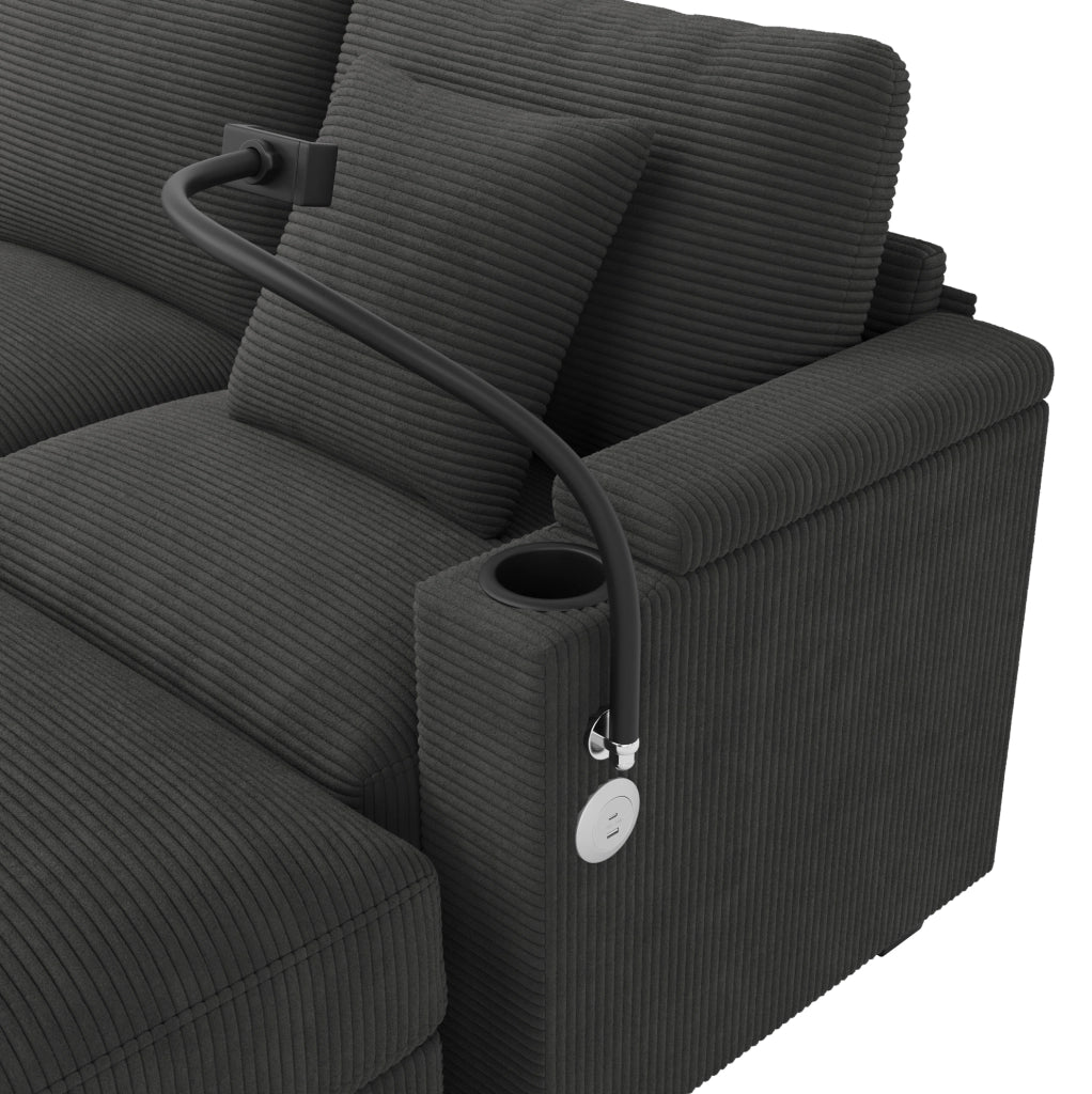 Divano modulare a U in velluto a coste con porte USB, vano contenitore e portabicchieri integrati